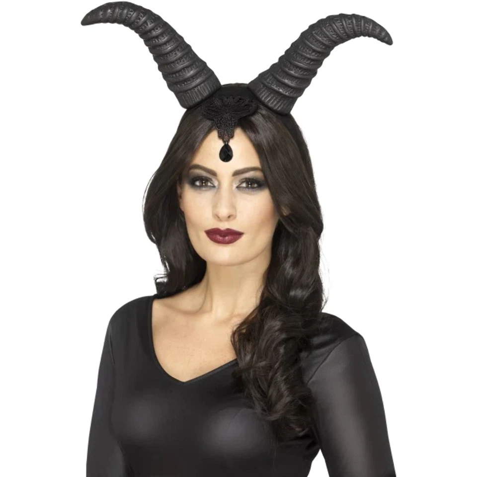 Demon Queen Hörner Schwarz Groß Kopfbedeckung Gothic Halloween Kostüm - Bild 1 von 1