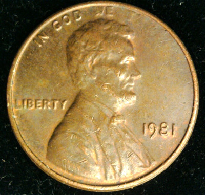 1981p Lincoln cent, struck thru grease, the word trust is just about gone
