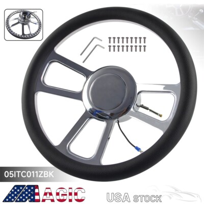 14'' 9-Bolt Chrome W/Half Wrap PVC Steering Wheel + Adapter For Chevy/GM 69-94 BK