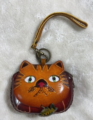 Leather Cat Face Wristlet Coin Change Pouch Redish Brown Green Eyes