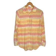 Equipment Femme Womens Silk Chevron Dot Button Down Top Sz Medium Pink Yellow
