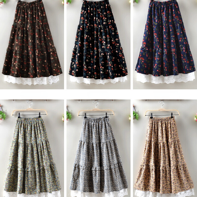 Women Floral Corduroy Midi Skirt Lace Trim Elastic High Waist