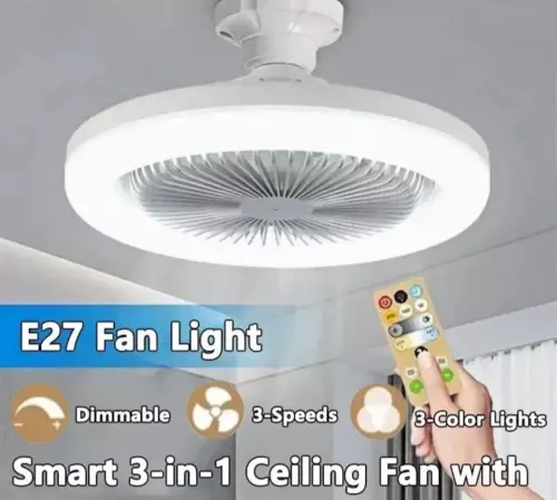 Ventilatore da soffitto 30 W illuminazione timer silenzioso soggiorno LED camera letto ventilatore E27 - Foto 1 di 13