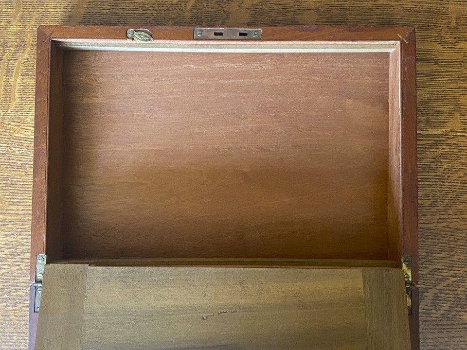 Antique Wood Mahogany Travel Writing Lap Desk Document Case & Inkwell