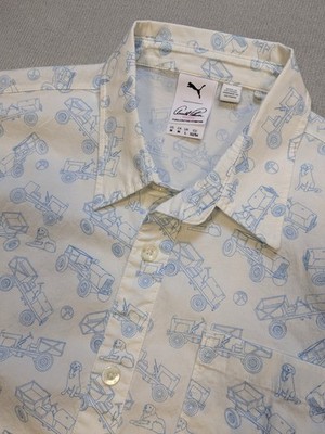 Puma Arnold Palmer Golf Shirt Mens Medium White Button All Over Print AP Dog