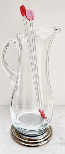 Amazing Unique Interesting Shape Glass Metal Pitcher with two glass stir rods