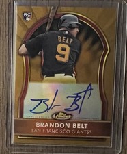 2011 Topps Finest Rookie Gold Refractor Auto /75 Brandon Belt On Card Autograph. rookie card picture