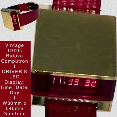 Vintage 1970s LED DRIVER'S BULOVA  W30mm x L40mm Red Strap Mens Watch_Super Rare