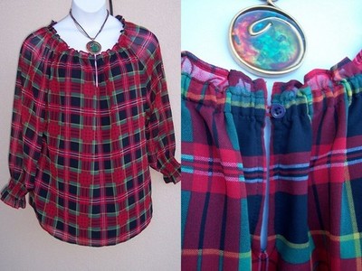 Talbots Red Green Tartan Plaid Chiffon top plus size X 0x lined blouse shirt