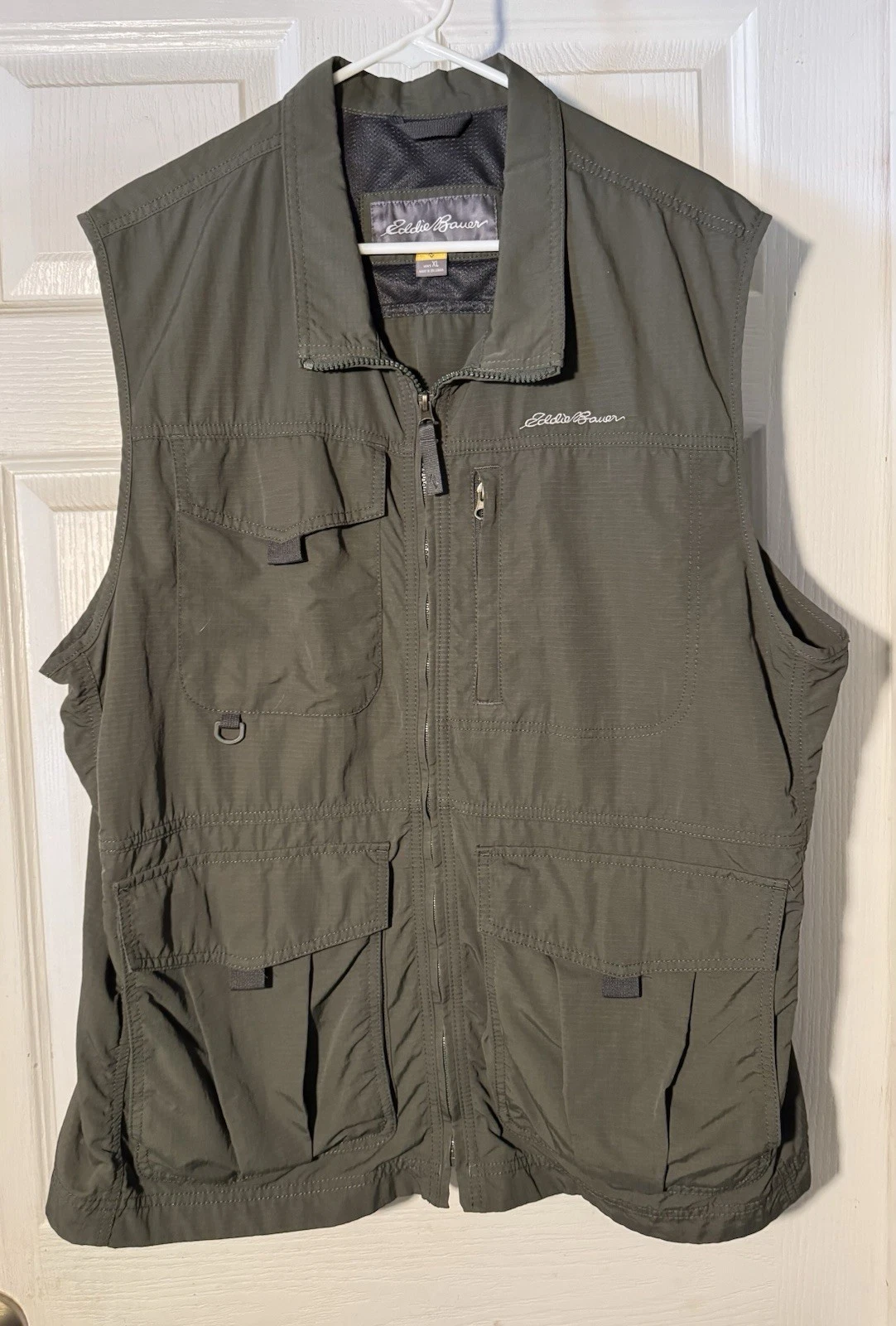 Eddie Bauer Men's Multi Pocket Windbreaker Vest Army Green XL Full Zip Outdoor