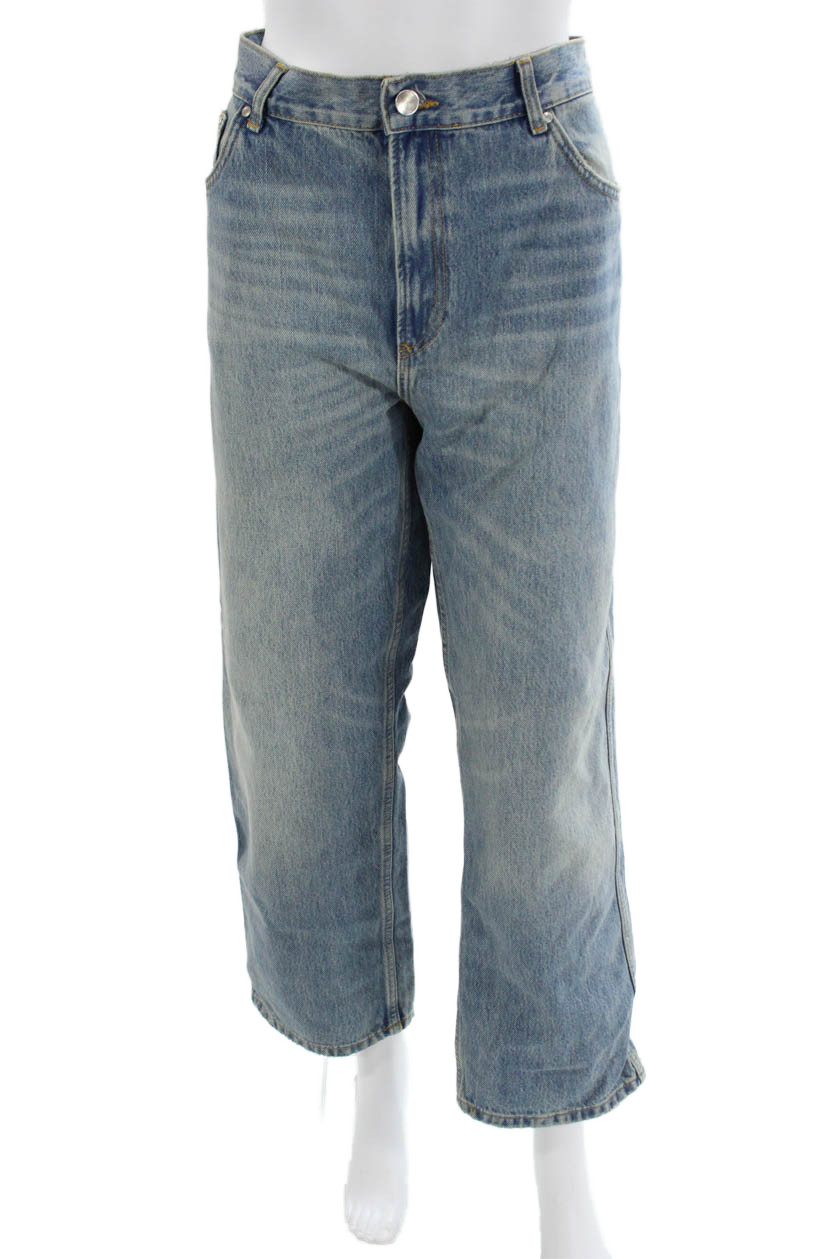 Zara Womens High Rise Cropped Wide Leg Blue Jeans 100% Cotton Size 8Free Shipping in US $100+ Orders | $6.95 Orders Below