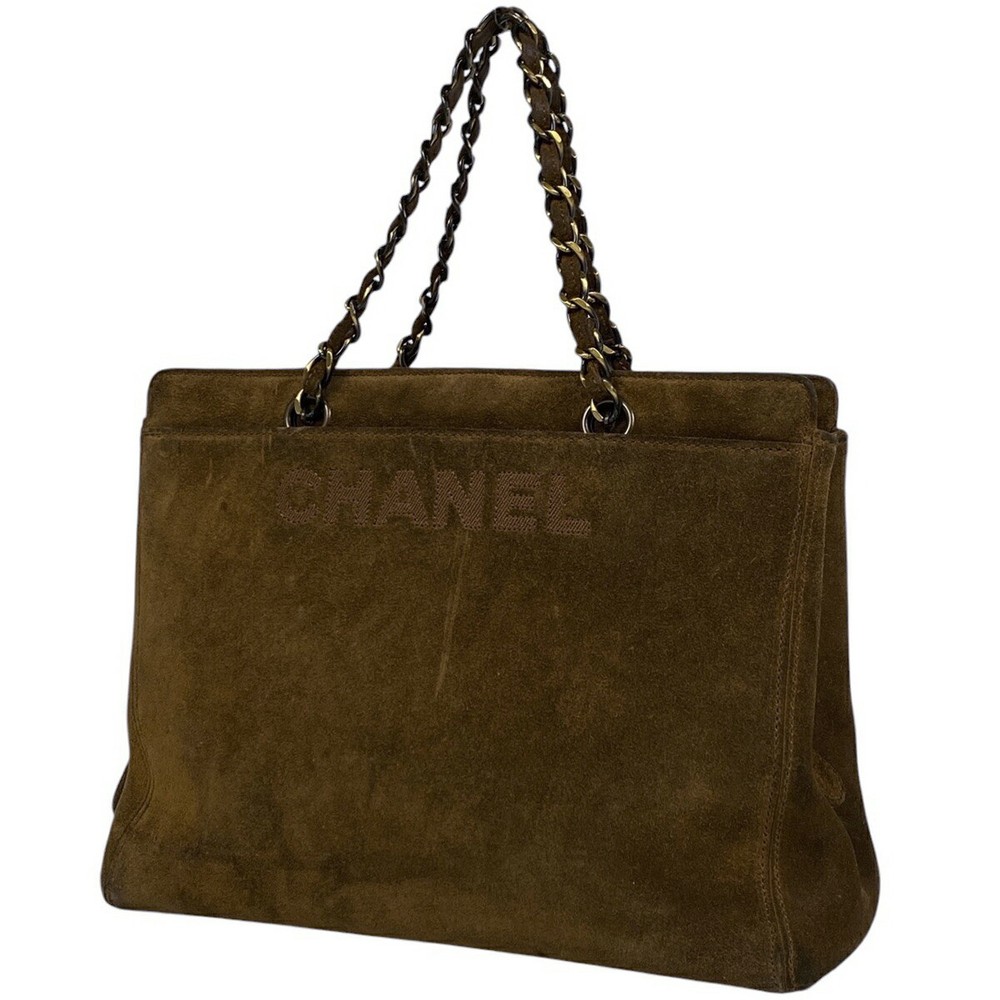 CHANEL Brown Suede Logo Chain Handbag for Women