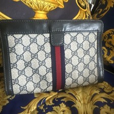 GUCCI VINTAGE GG Supreme Clutch Bag Sherry Navy Medium Classic