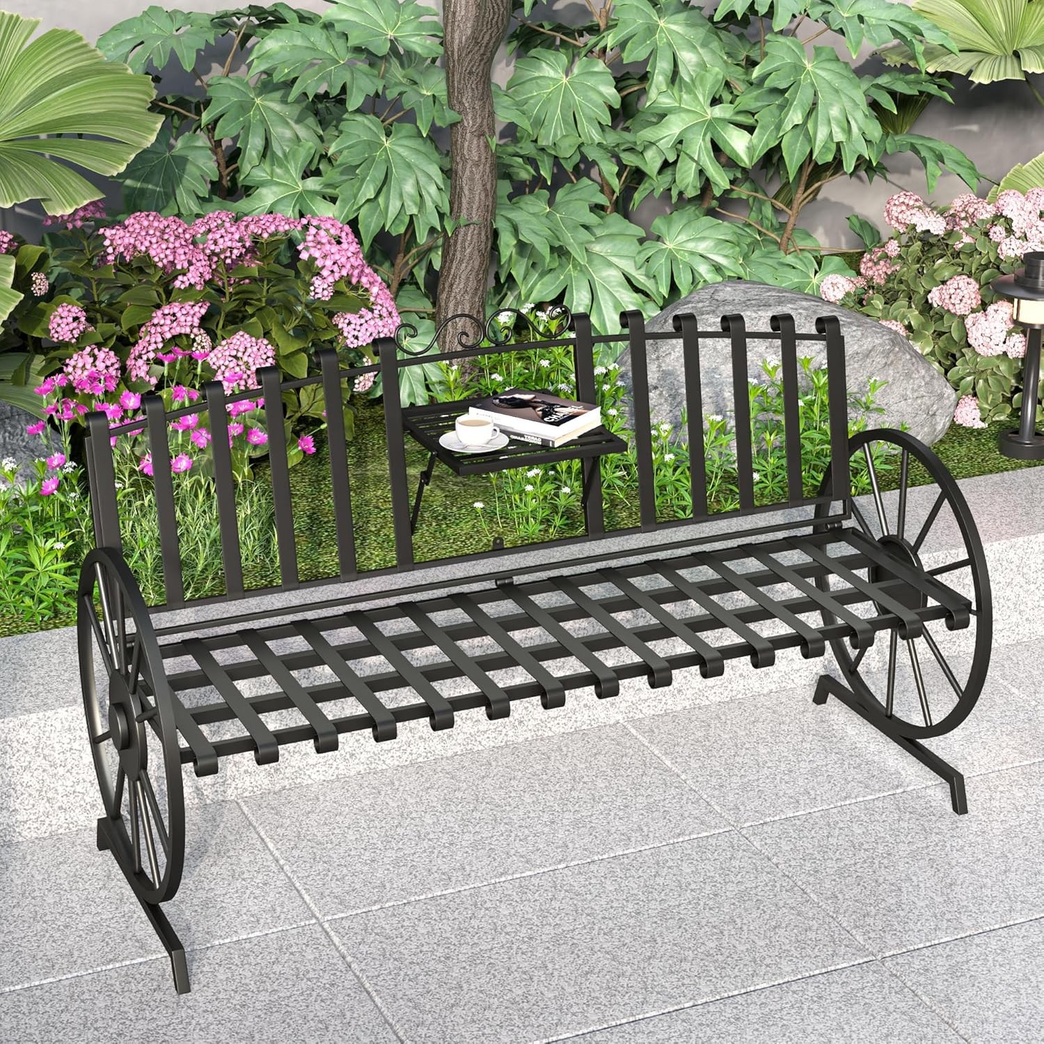 Outdoor Bench Patio Outdoor Garden Bench with Built-in Table, Wagon Wheel Arms