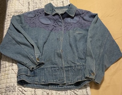 1980 s Up Cycled Women's Denim Jacket Blue Doily Inserts Women s Size L