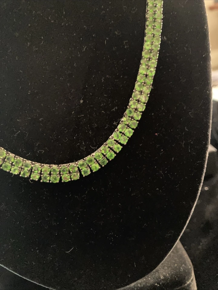Sterling Signed DK Tennis Necklace 925 Silver Green Diopside  20” - Image 2 of 4