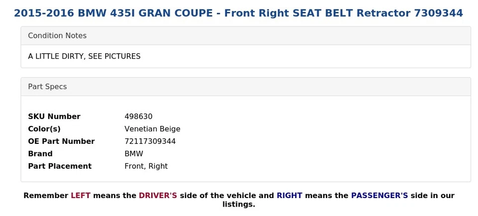BMW 435I 2015-2016 gran cupé - cinturón de seguridad delantero derecho retractor 7309344 Foto 3 de 4