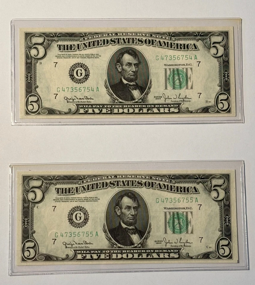 1950 UNC Five Dollar Bill $5 Federal Reserve Note • Lot of 4 CONSECUTIVE serials - Image 3 of 4