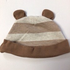 Baby Hat with Bear Ears One Size Infant Brown  Beige Striped Beanie Cap - READ