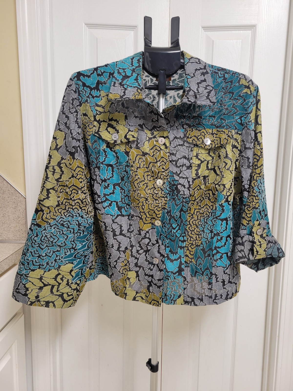 Ruby Rd Jacket Green Print Button Front Lightweig… - image 1