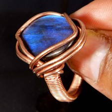 49.00Cts. Natural Labradorite Copper Wire Wrapped Ring Jewelry 7 US Adjustable
