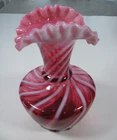 Fenton Cranberry Optic Swirl Stripes Opalescent Ruffled Fluted Top 6.25" Vase
