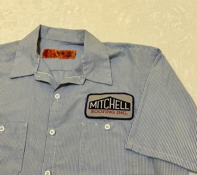 Blue Striped Red Kap Button Up Work Shirt Short Sleeve With Roofing Co. Patch XL