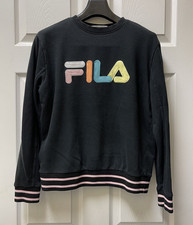 Vintage FILA Women's Sz M Multicolor Patch Logo Black Pullover Sweater Crew Neck