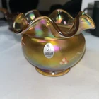 Fenton "Autumn Gold" carnival glass rose bowl featuring a ruffled rim Signed