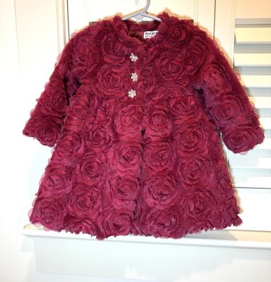 Blueberi Blvd Girls Coat Size 2T Rhinestone Buttons Satin Lined Rosette Red Wine