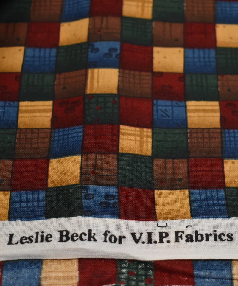 35" x 44" cotton fabric CRANSTON  brown tan dark red blue green SQUARES - Image 3 of 4