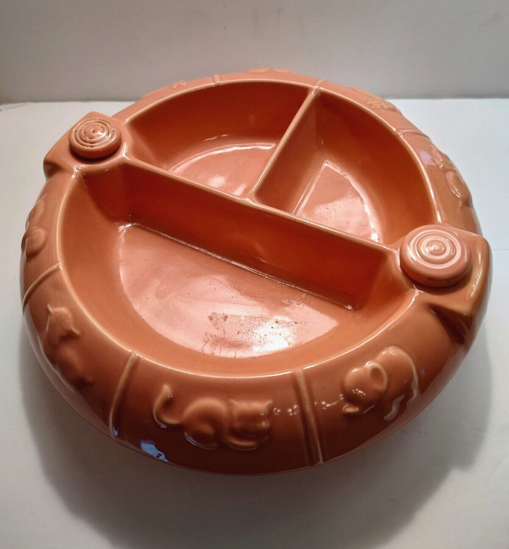 Vintage Pottery Baby Food Warmer Plate Divided w/ Original Plugs Pink