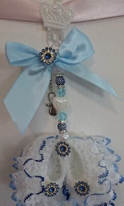 Pram charms*new*Blue Boys booties  pram charm hand knitted With Silver Dummy