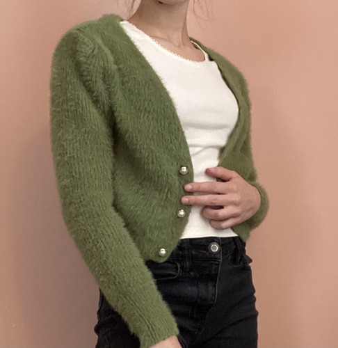 Shein Green Fuzzy Button-Up Cardigan 