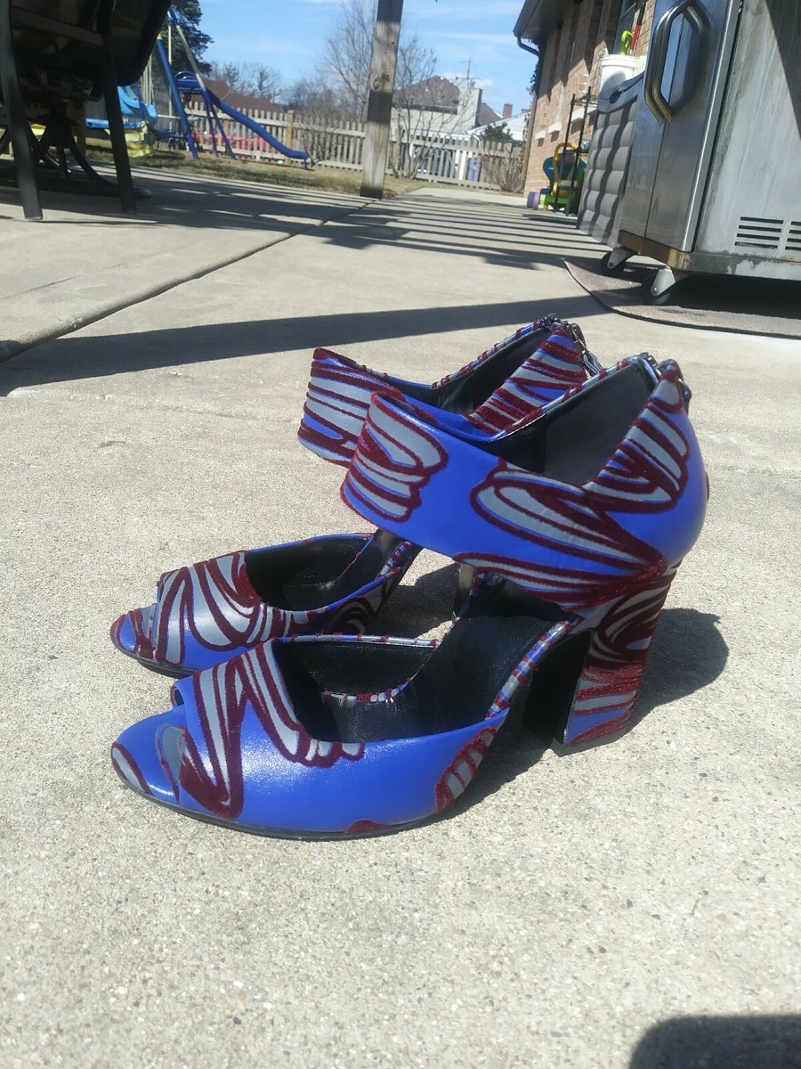 Pierre Hardy Deep Blue Abstract Print Leather Block Heel Size 37 