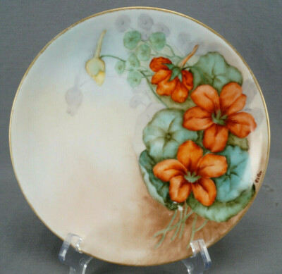 Carl Tielsch Hand Painted Signed CL Cox Red Nasturtium Flowers & Gold Plate 