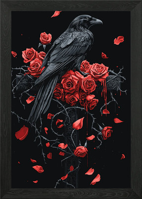 Gothic Rabe und Rosen auf Gothic Cr gerahmtes Wandbild Poster Leinwanddruck Bild