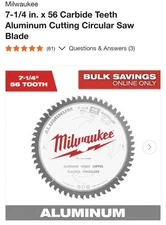 MILWAUKEE 7-1/4 ALUMINUM METAL CUTTING CARBIDE CIRCULAR SAW BLADE 56T 48-40-4335