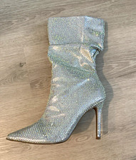 Women s Silver Rhinestone Mid-Calf Pointed Toe Stiletto Zip Boots 7.5