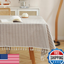 Meioro Rectangle Striped Tassel Tablecloth Cotton Blend Stain Wrinkle Resis