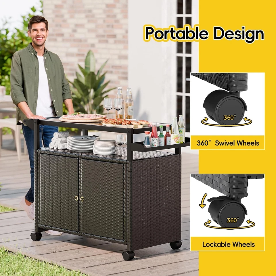 Carro de Bar Exterior con Almacenamiento y Ruedas, Mesa de Bar Exterior con Vidrio Templado Foto 4 de 4
