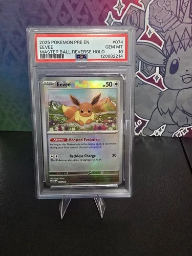 Pokémon Eevee Master Ball Reverse Holo PSA 10 074/131 Sv Prismatic Evolutions