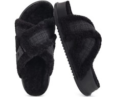 KuaiLu Chic Furry Slippers for Women Cozy Fuzzy Teddy Fleece 7, Elegant Black