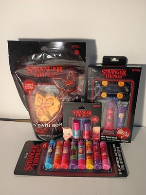 Netflix Stranger Things Lot Lip Balm & Bath Bombs Plus Bracelet Set (4 Packs)