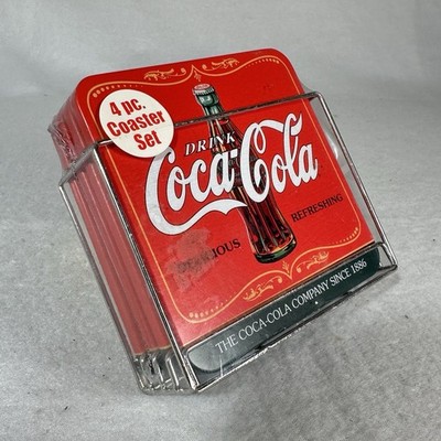 Set Of 4 Retro 4  Square Drink Coca~Cola Tin & Cork Coasters with Metal Holder