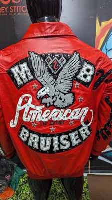 Pelle Pelle American Bruiser Red Leather Jacket Studded Eagle Biker Jacket
