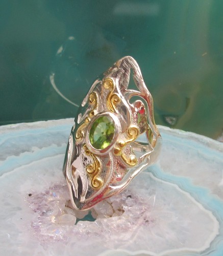 Anello Due Colori Jugendstilornament Peridoto Verde Argento 925 TG 17,5 - Imagen 7 de 7