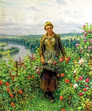 A MAID IN HER GARDEN FLOWERS PAINTING BY DANIEL RIDGWAY KNIGHT REPRO