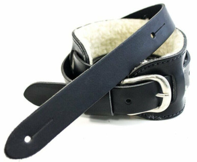 Echtleder Lammfell Schulterpolster XL Schnalle Vintage Gitarrengurt - Schwarz