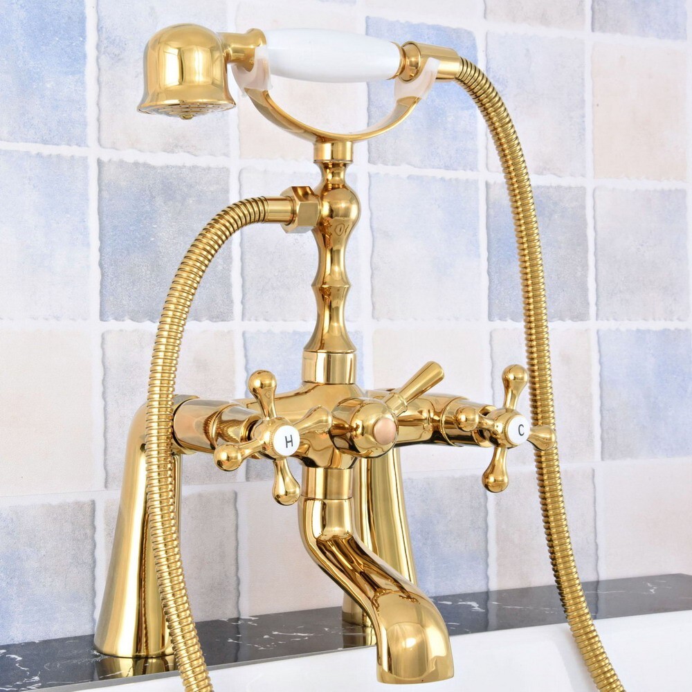 Luxury Gold Brass Bathtub Mixer Tap Deck Mounted Clawfoot Tub Faucet Hand Shower | eBay